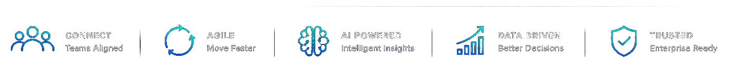 Connect: Teams Aligned. Agile: Move Faster. AI Powered: Intelligent Insights. Data Driven: Better Decisions. Trusted: Enterprise Ready.
